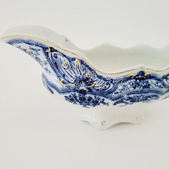 J&G Meakin York Flow Blue Gravy Boat, Embossed, Gold Accents, Floral Swags - Picture 2 of 13